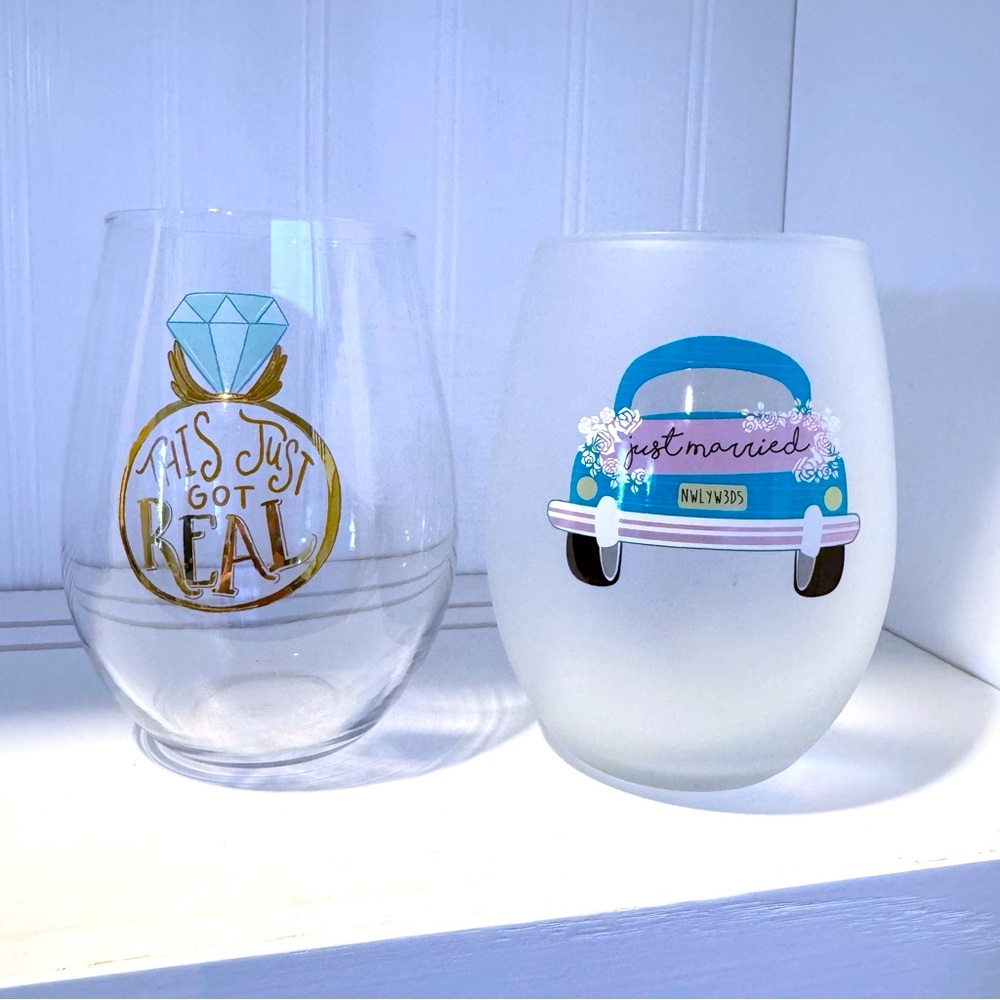 Wedding Wine Glasses Set – “This Just Got Real” & “Just Married” | Bridal Shower